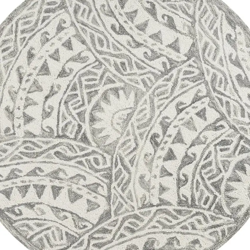 6' Gray Round Wool Geometric Hand Tufted Area Rug Photo 2