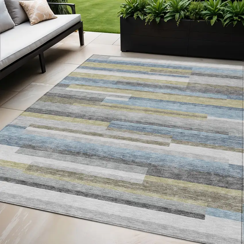 Gray Denim Blue And Sky Blue Striped Washable Indoor Outdoor Area Rug Photo 1