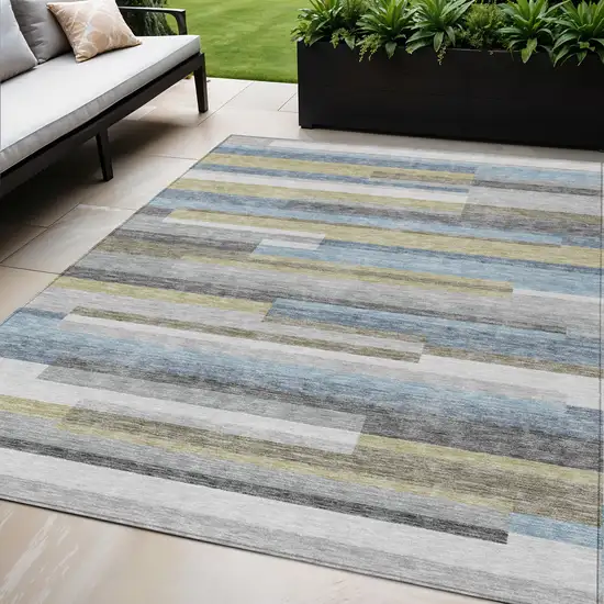 Gray Denim Blue And Sky Blue Striped Washable Indoor Outdoor Area Rug Photo 1