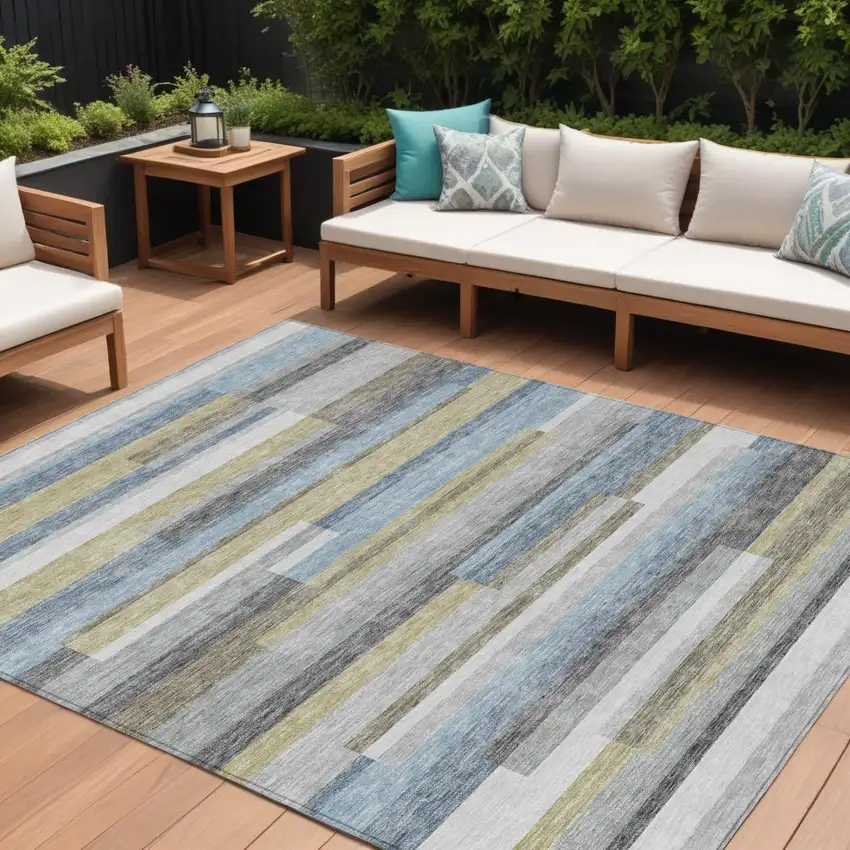 Gray Denim Blue And Sky Blue Striped Washable Indoor Outdoor Area Rug Photo 1