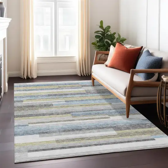 Gray Denim Blue And Sky Blue Striped Washable Indoor Outdoor Area Rug Photo 9