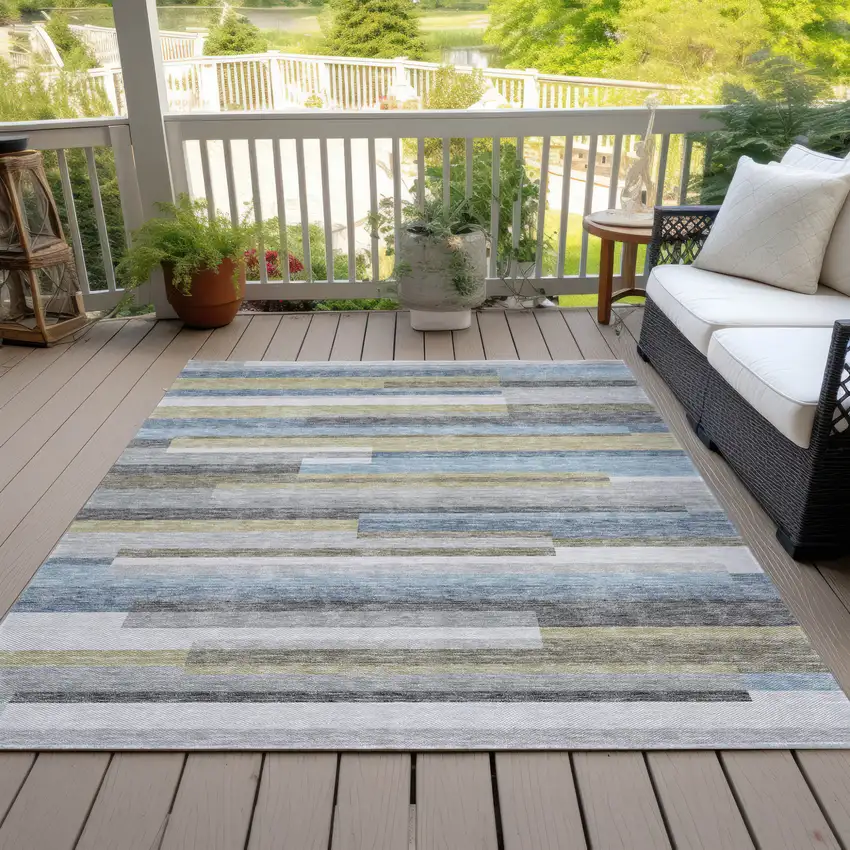 Gray Denim Blue And Sky Blue Striped Washable Indoor Outdoor Area Rug Photo 7