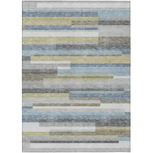 Photo of Gray Denim Blue And Sky Blue Striped Washable Indoor Outdoor Area Rug