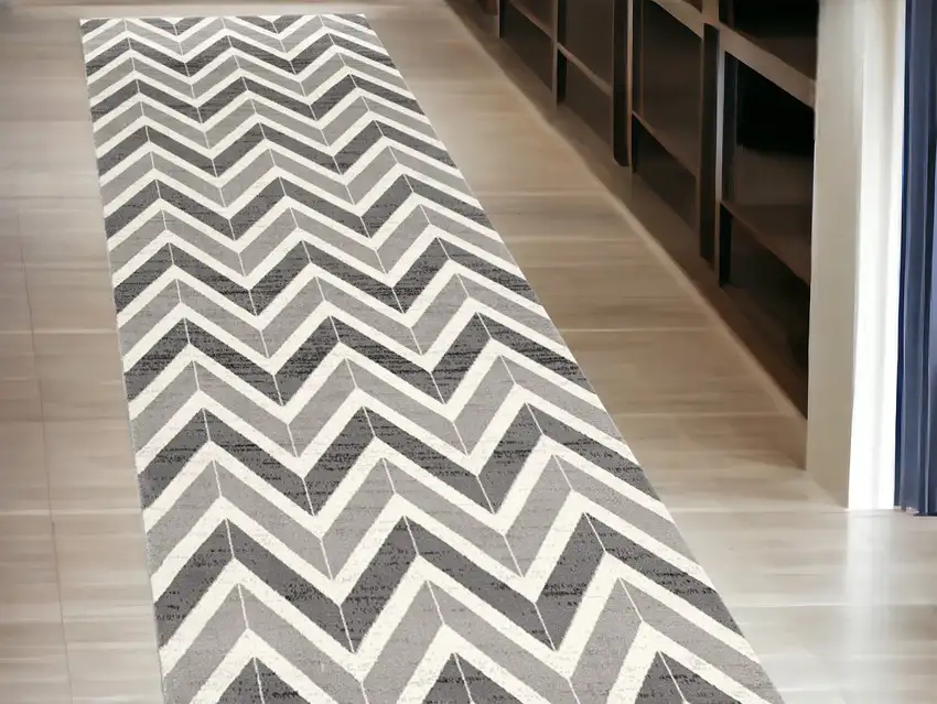 10' Gray Chevron Power Loom Runner Rug Photo 1