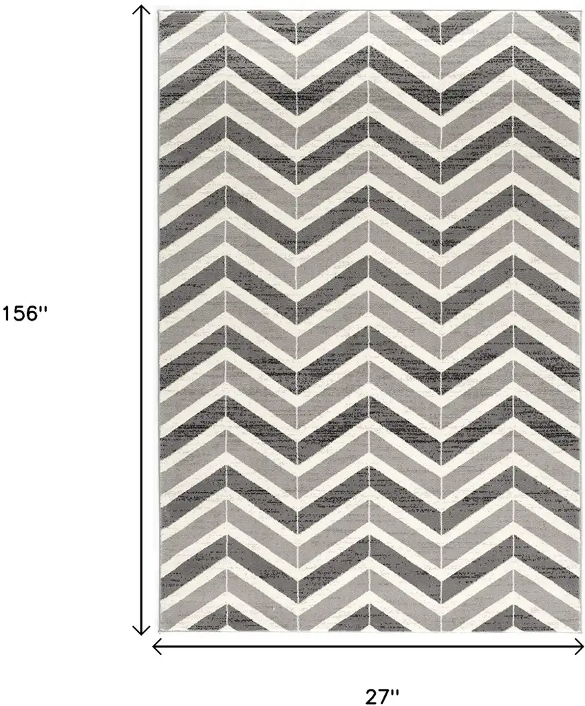 13' Gray And Ivory Chevron Distressed Runner Rug Photo 7