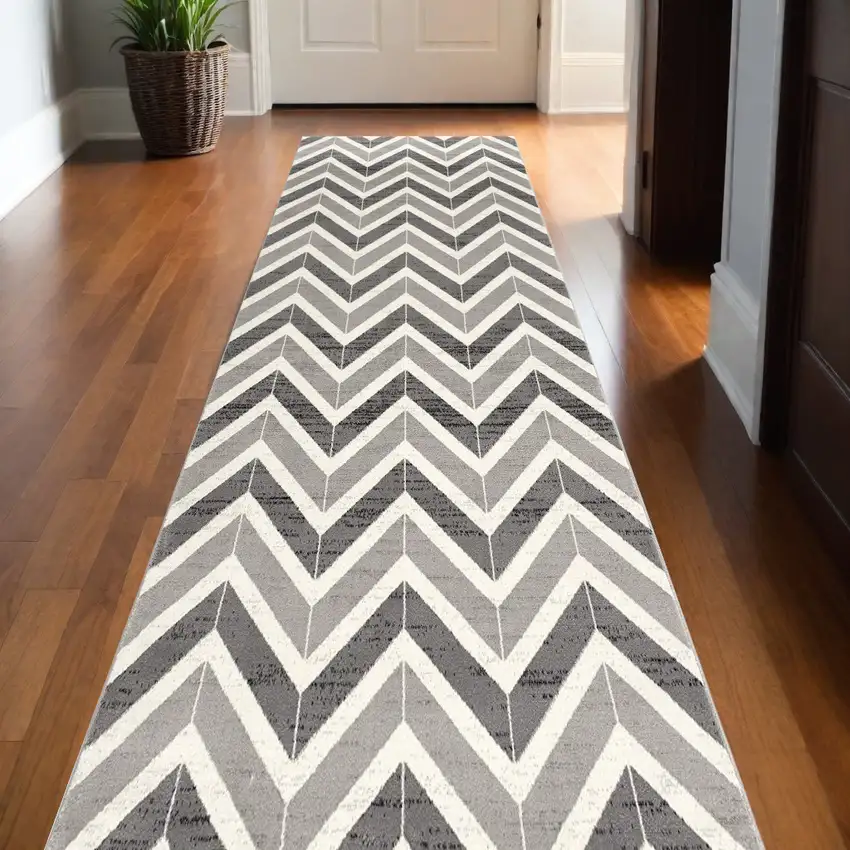 15' Gray And Ivory Chevron Distressed Runner Rug Photo 1