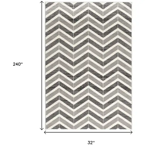 20' Gray And Ivory Chevron Distressed Runner Rug Photo 7
