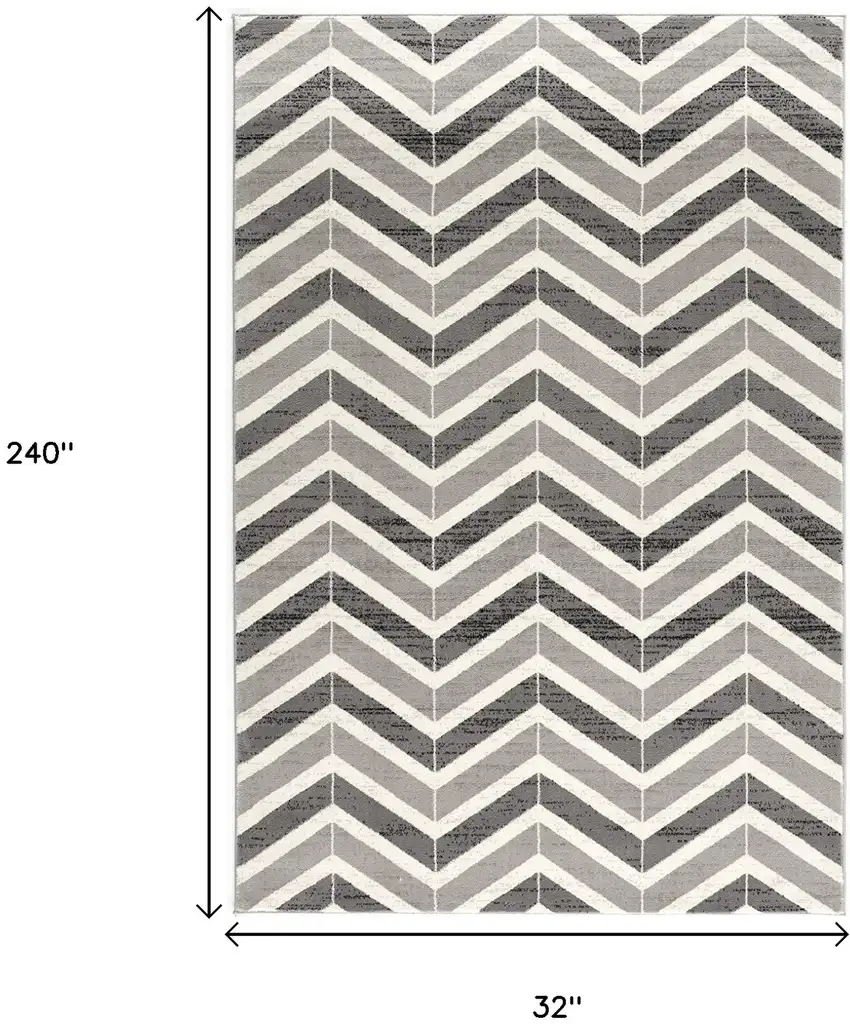 20' Gray And Ivory Chevron Distressed Runner Rug Photo 7
