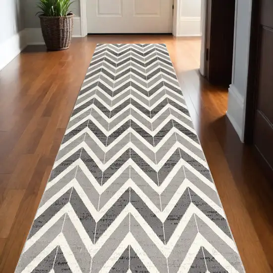 20' Gray And Ivory Chevron Distressed Runner Rug Photo 1