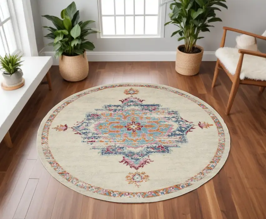 8' Gray And Ivory Round Power Loom Area Rug Photo 1