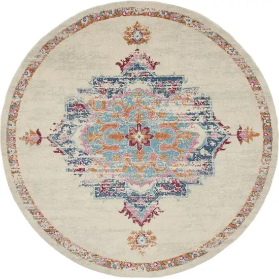 8' Gray And Ivory Medallion Distressed Round Rug Photo 4