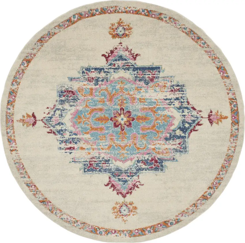 8' Gray And Ivory Medallion Distressed Round Rug Photo 4