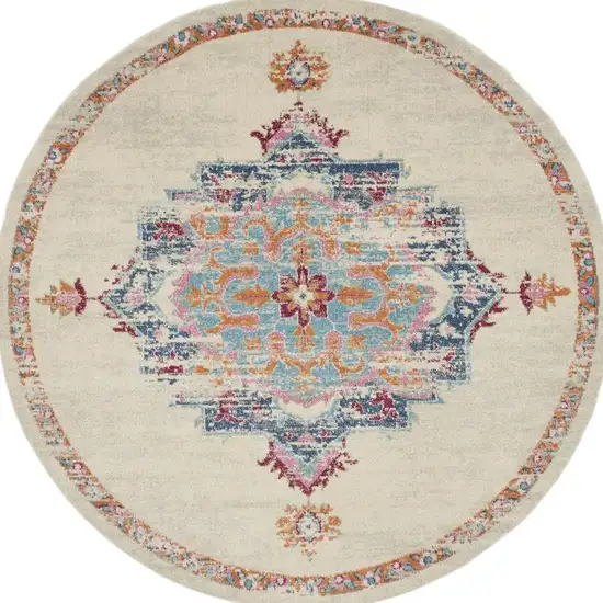 8' Gray And Ivory Medallion Distressed Round Rug Photo 3