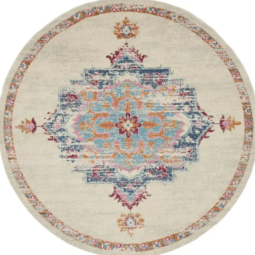 8' Gray And Ivory Medallion Distressed Round Rug Photo 3