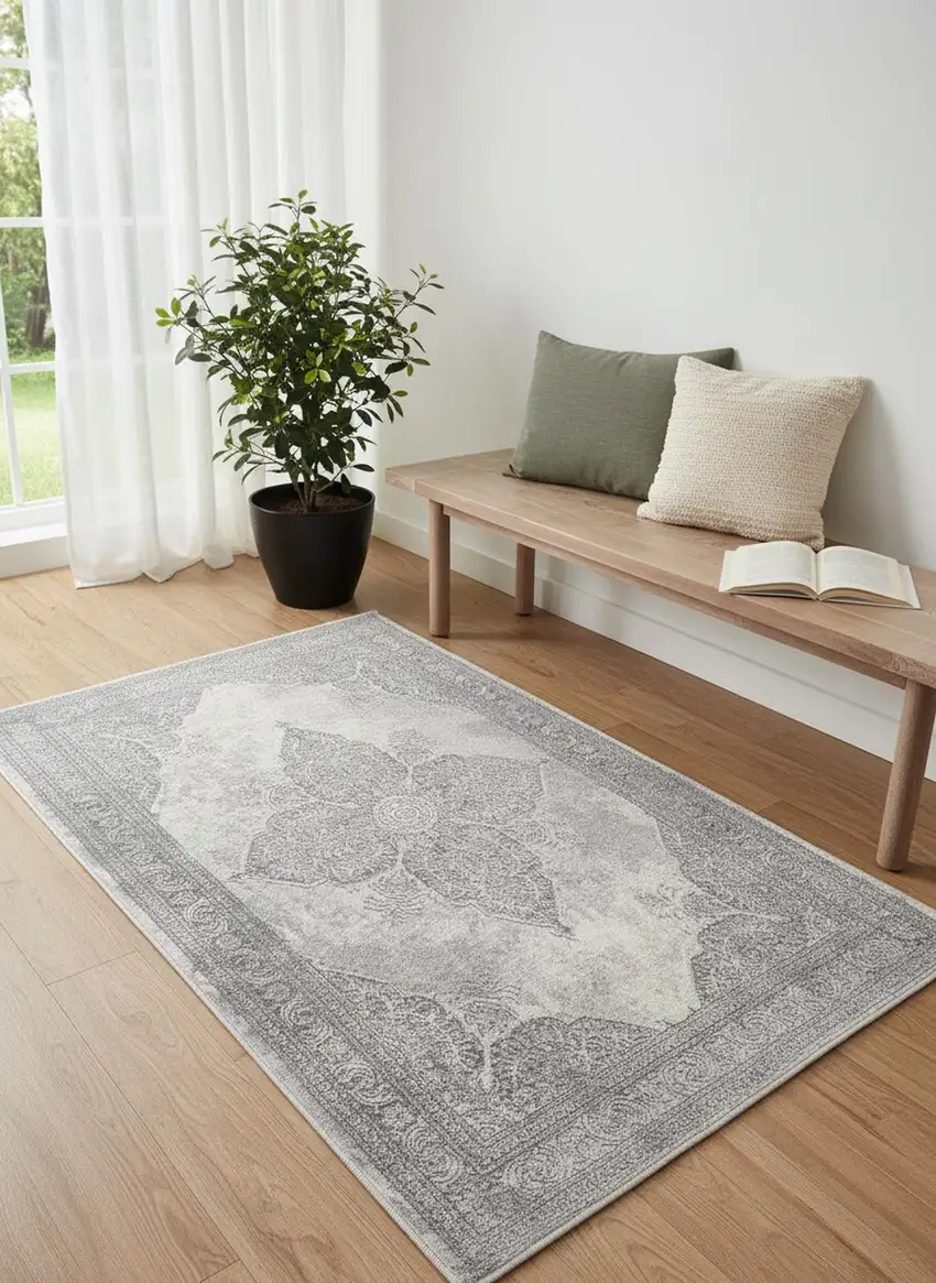 Gray Distressed Medallion Area Rug Photo 1
