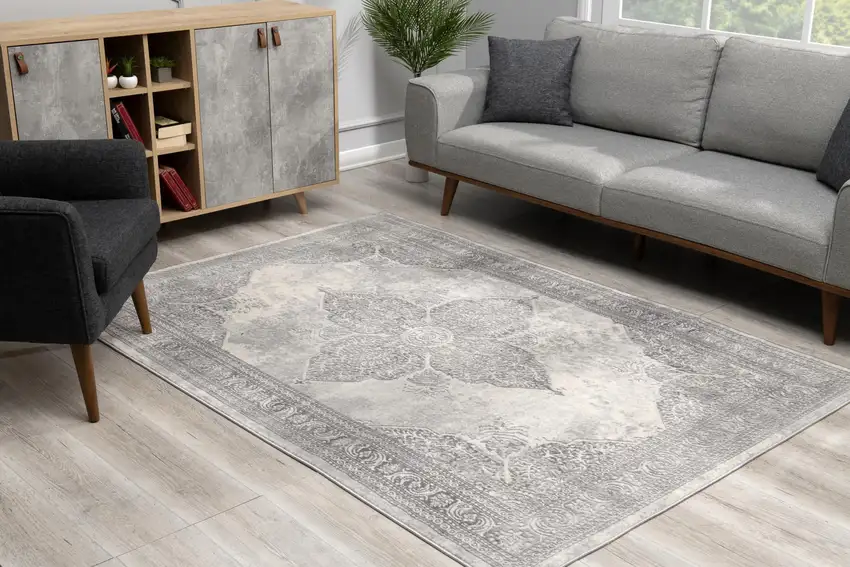 Gray Distressed Medallion Area Rug Photo 7
