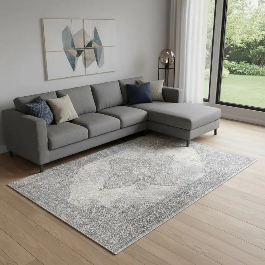 Gray Distressed Medallion Area Rug Photo 1