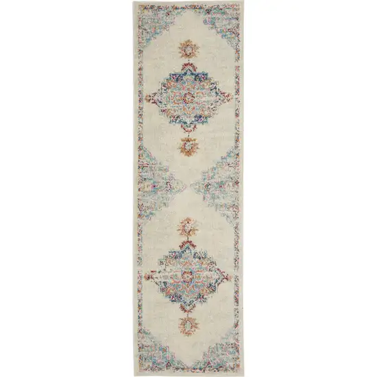 8' Gray And Ivory Medallion Distressed Runner Rug Photo 2