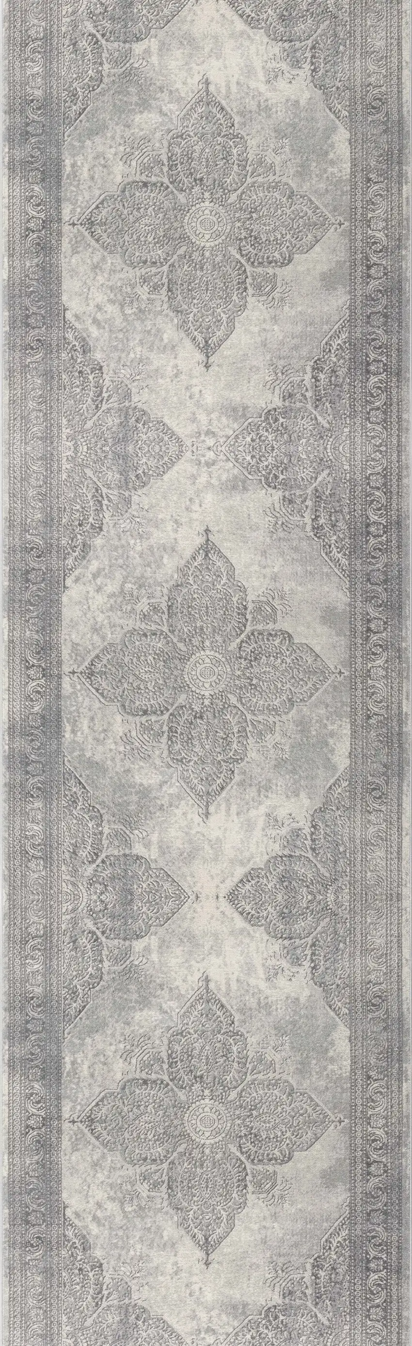 2' X 15' Gray Distressed Medallion Runner Rug Photo 4