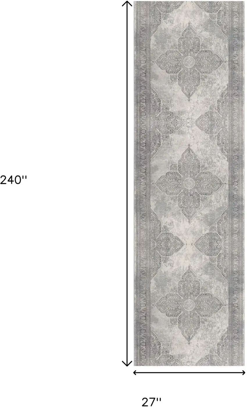 2' X 20' Gray Distressed Medallion Runner Rug Photo 8