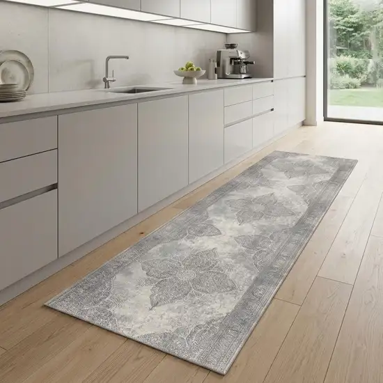 2' X 8' Gray Distressed Medallion Runner Rug Photo 1