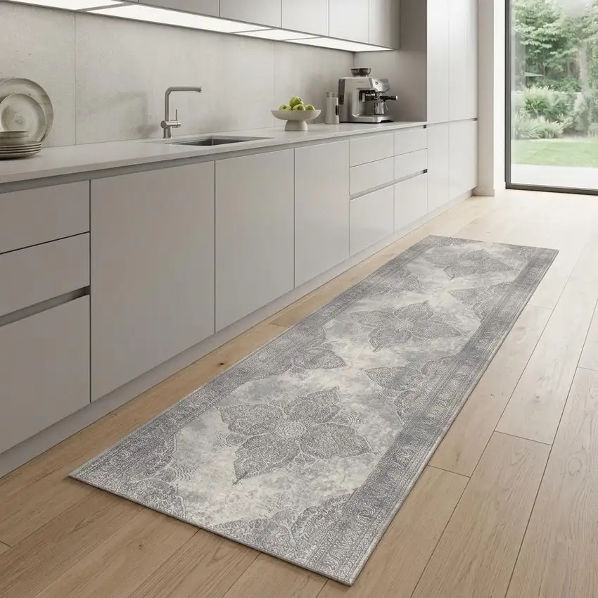 2' X 8' Gray Distressed Medallion Runner Rug Photo 1