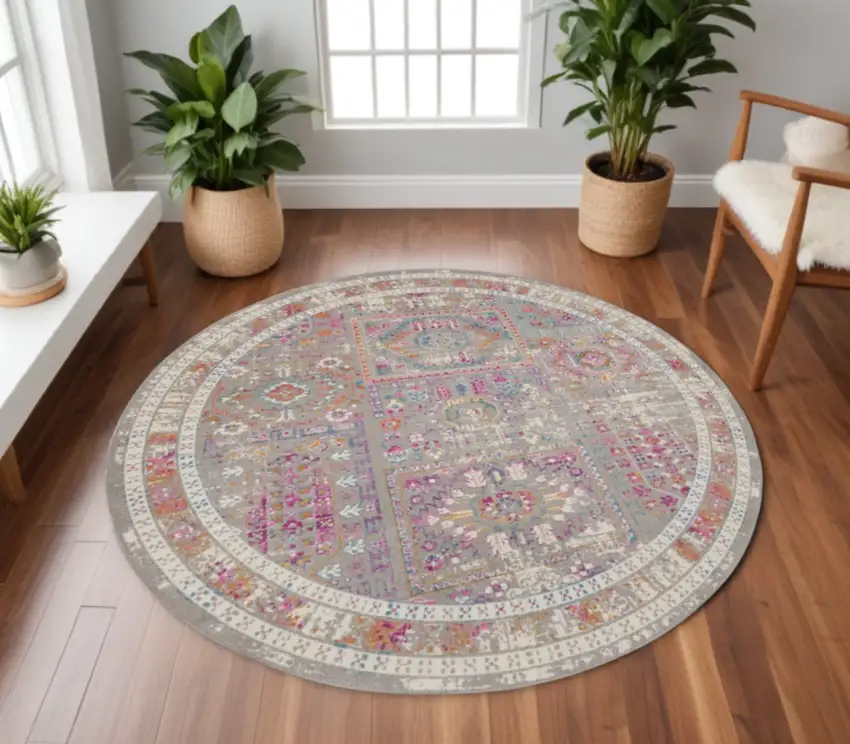 8' Gray And Ivory Abstract Distressed Round Rug Photo 2