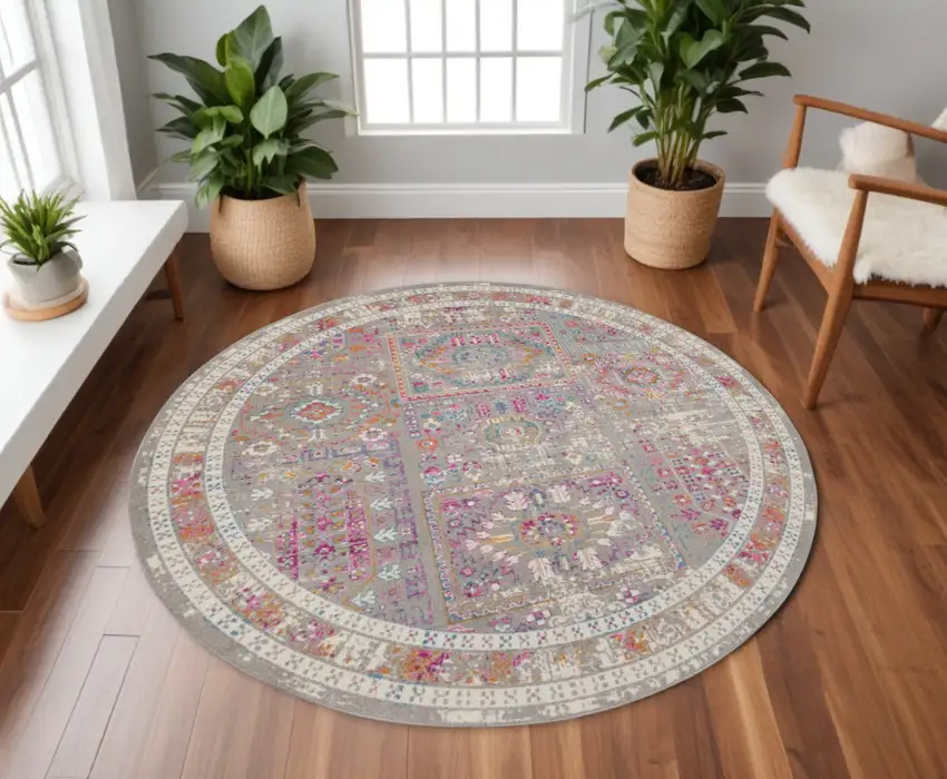 8' Pink And Gray Round Abstract Power Loom Area Rug Photo 1
