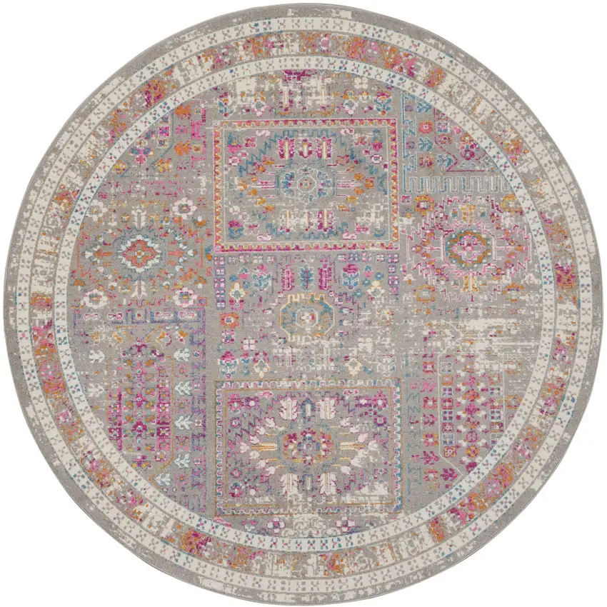 8' Pink And Gray Round Abstract Power Loom Area Rug Photo 9