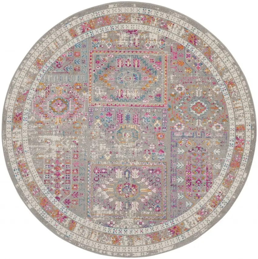 8' Gray And Ivory Abstract Distressed Round Rug Photo 1