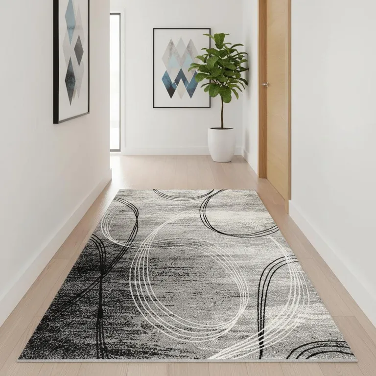 Gray Distressed Swirls Runner Rug Photo 4