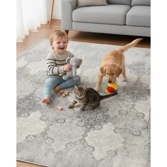 Gray Distressed Trellis Pattern Area Rug Photo 5