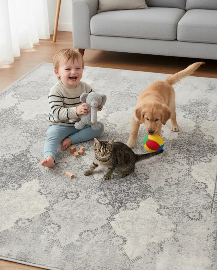 Gray Distressed Trellis Pattern Area Rug Photo 3