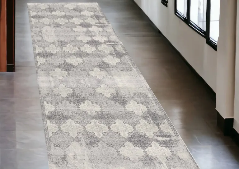 Gray Distressed Trellis Pattern Runner Rug Photo 5