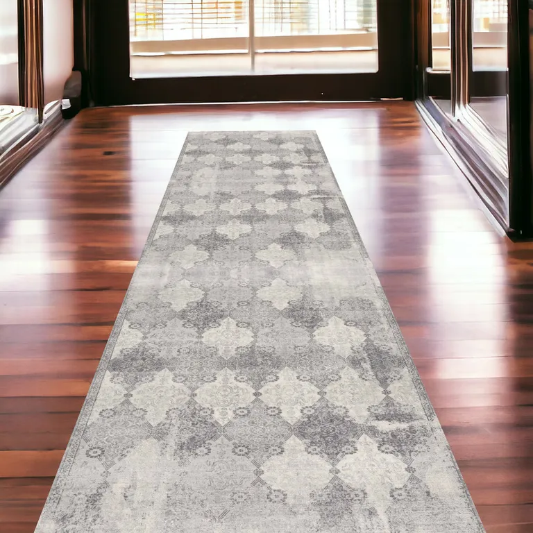 Gray Distressed Trellis Pattern Runner Rug Photo 5