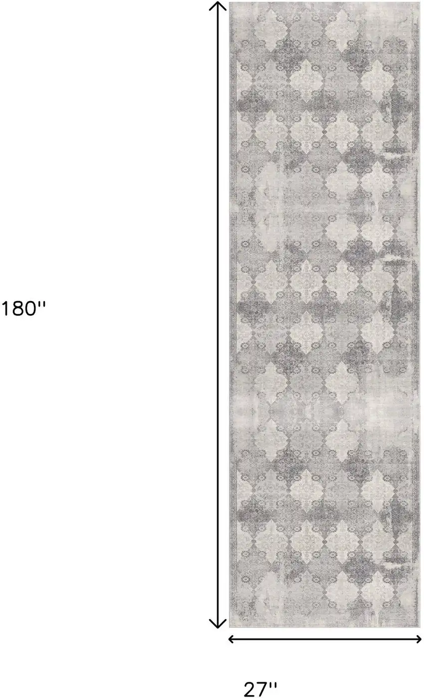 2' X 15' Gray Distressed Trellis Pattern Runner Rug Photo 3