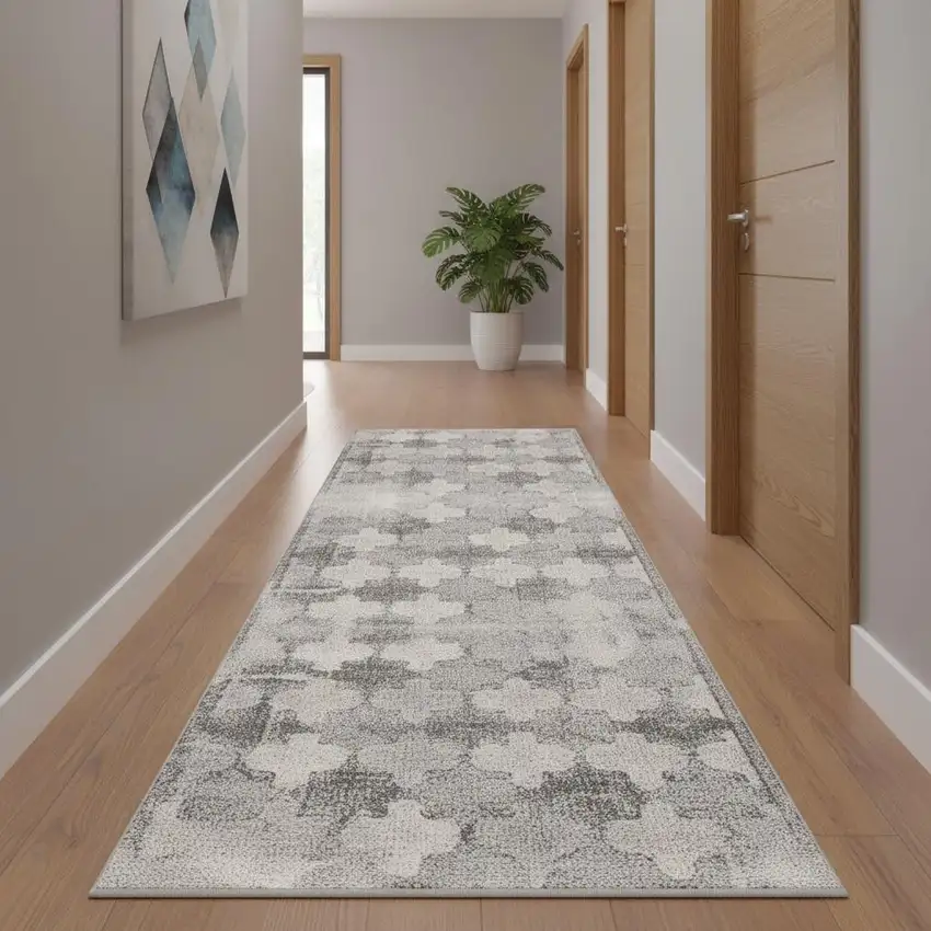 2' X 15' Gray Distressed Trellis Pattern Runner Rug Photo 1