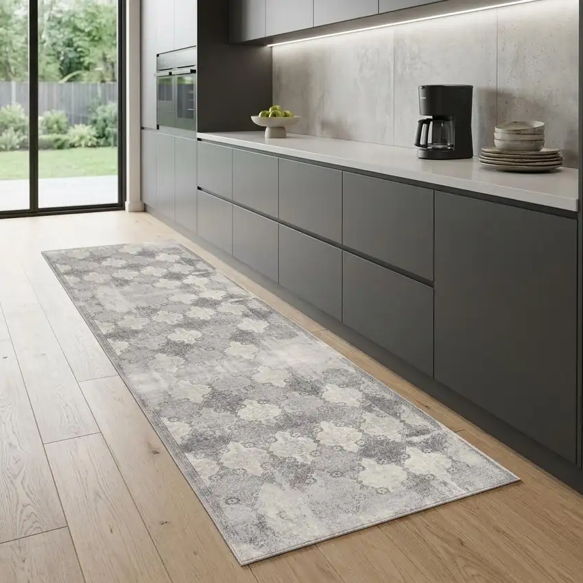 2' X 8' Gray Distressed Trellis Pattern Runner Rug Photo 1