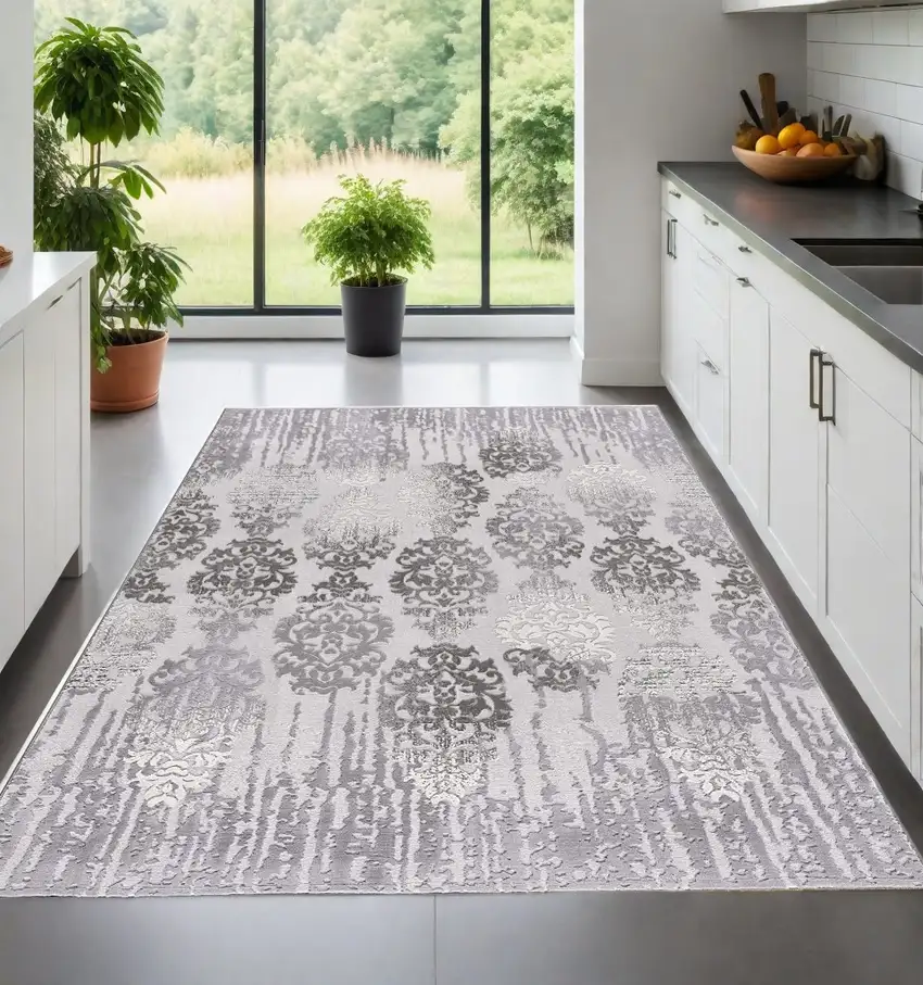 Gray Damask Power Loom Area Rug Photo 1