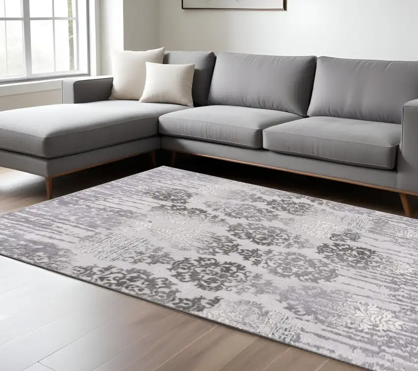 Gray Damask Power Loom Area Rug Photo 1