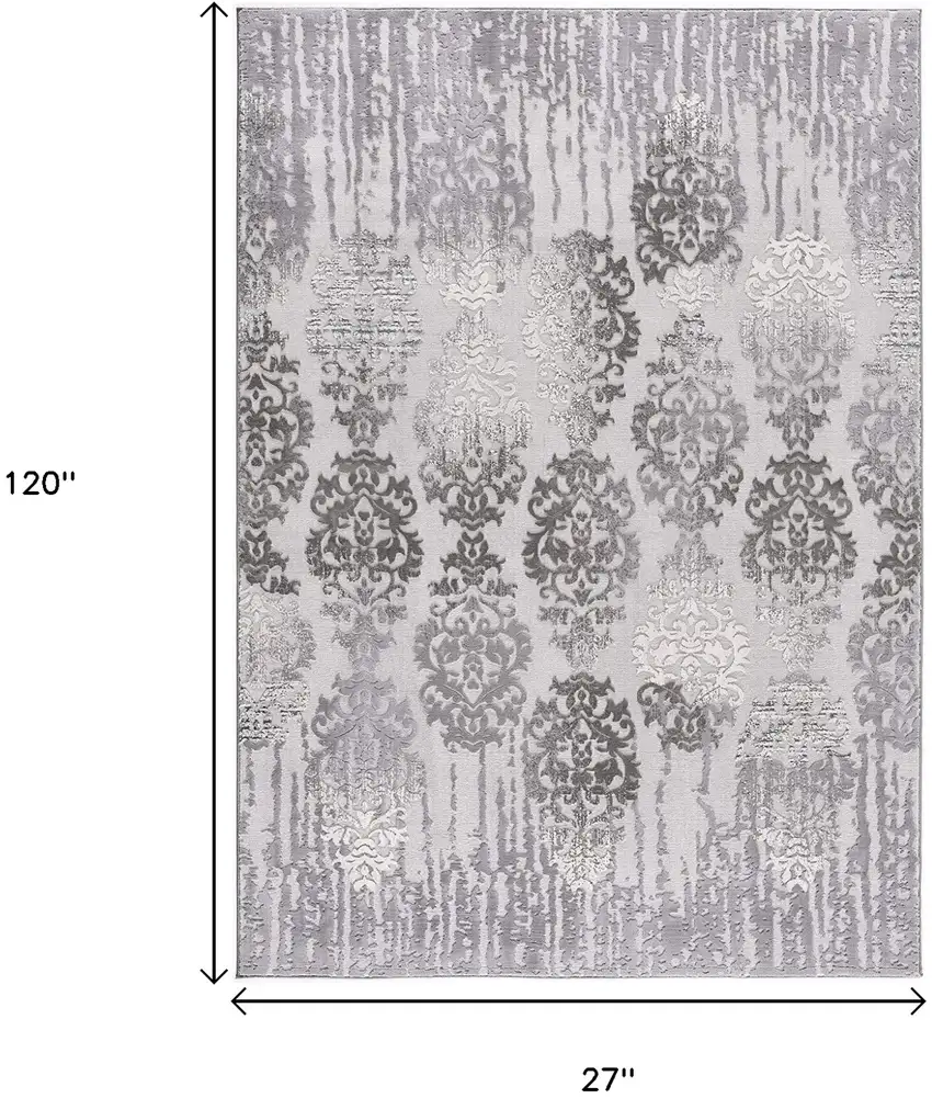10' Gray Damask Power Loom Runner Rug Photo 8
