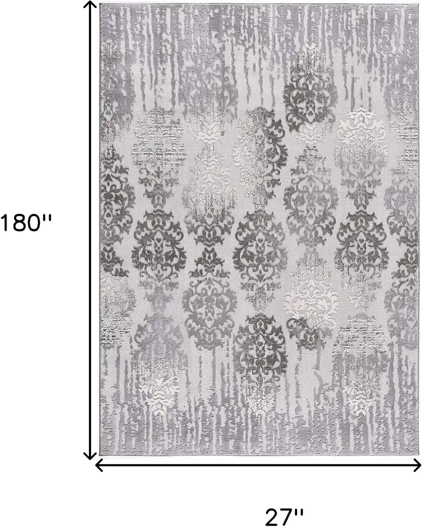 15' Gray Damask Power Loom Runner Rug Photo 3