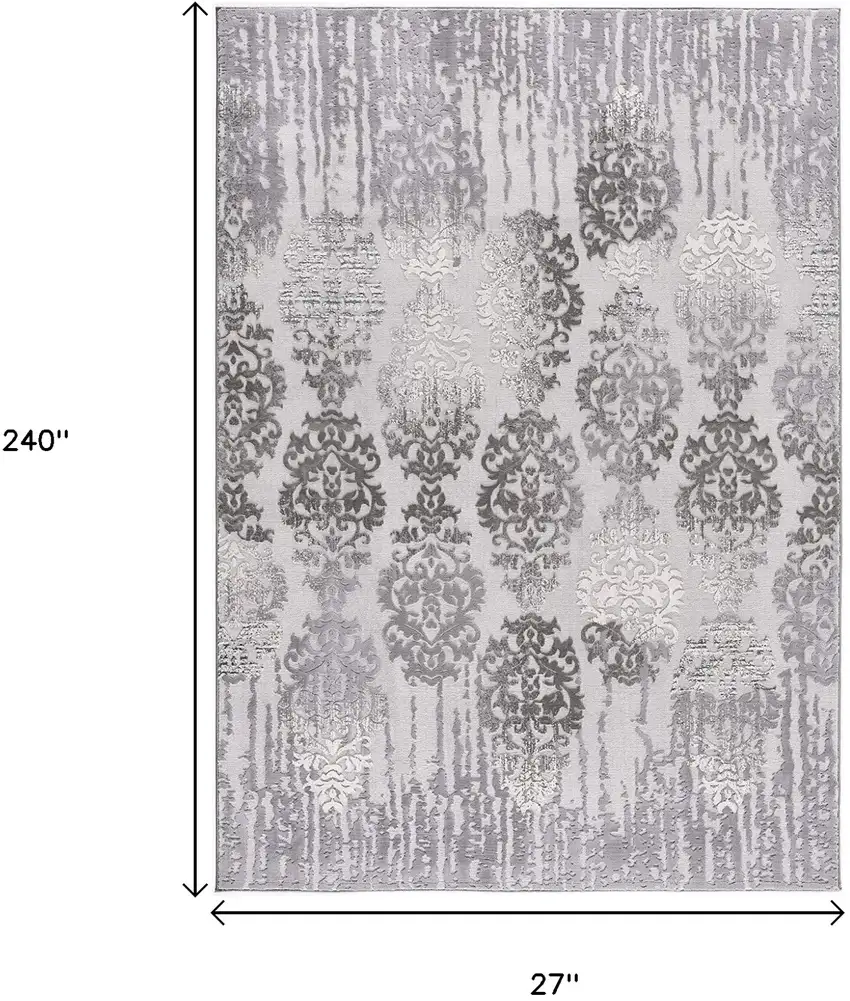 20' Gray Damask Power Loom Runner Rug Photo 8