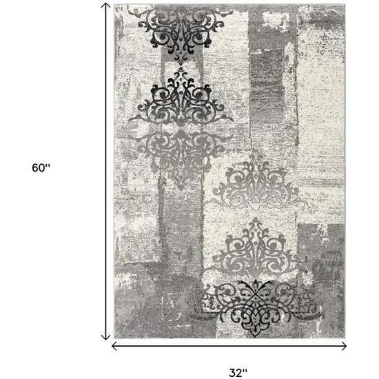 Gray And Ivory Damask Distressed Area Rug Photo 5