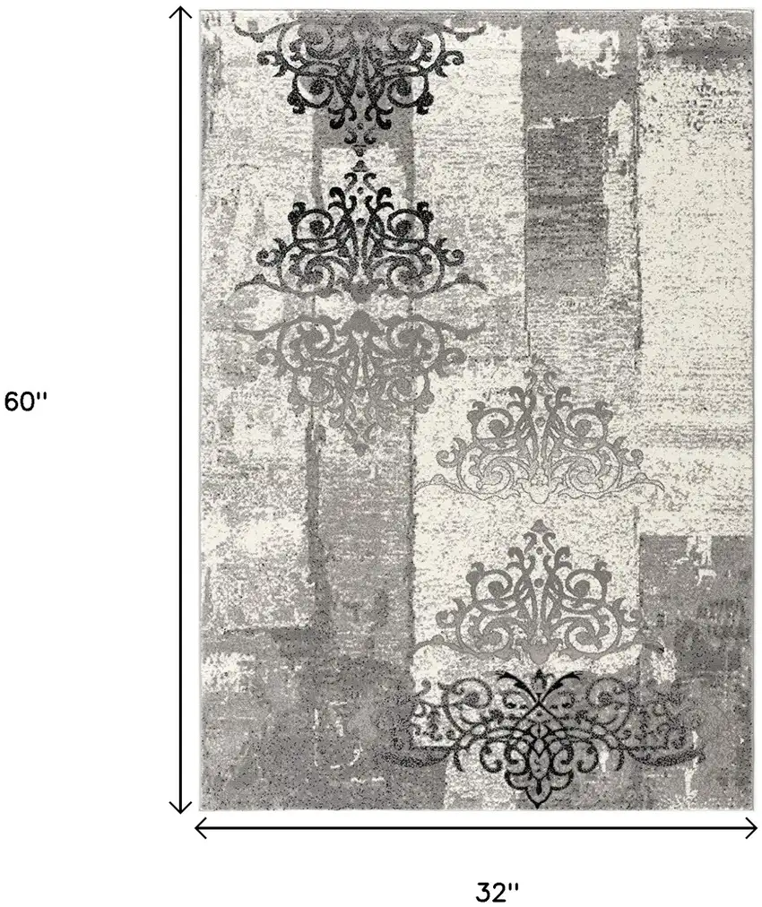 Gray And Ivory Damask Distressed Area Rug Photo 5