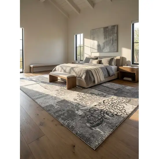 Gray And Ivory Damask Distressed Area Rug Photo 6