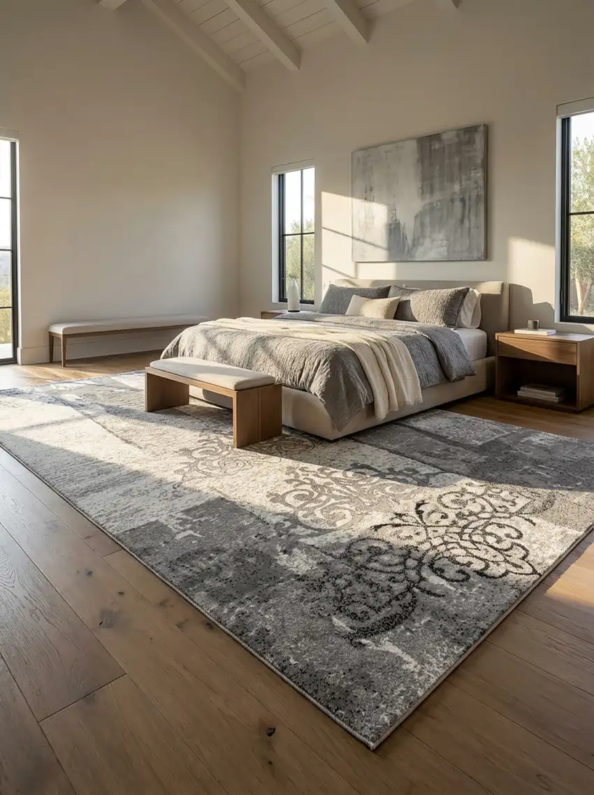 Gray And Ivory Damask Distressed Area Rug Photo 6