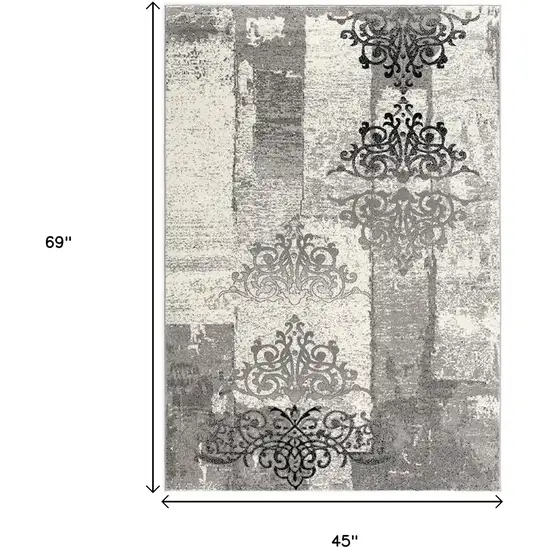 Gray And Ivory Damask Distressed Area Rug Photo 7