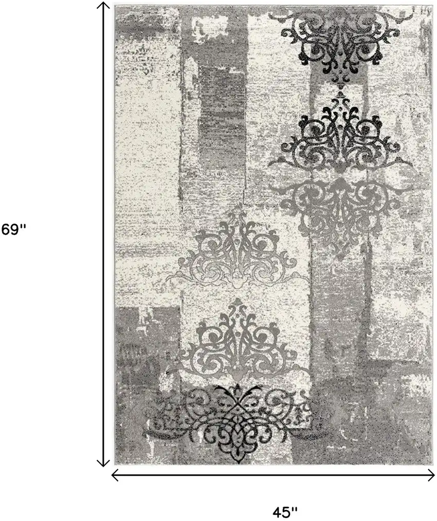 Gray And Ivory Damask Distressed Area Rug Photo 7