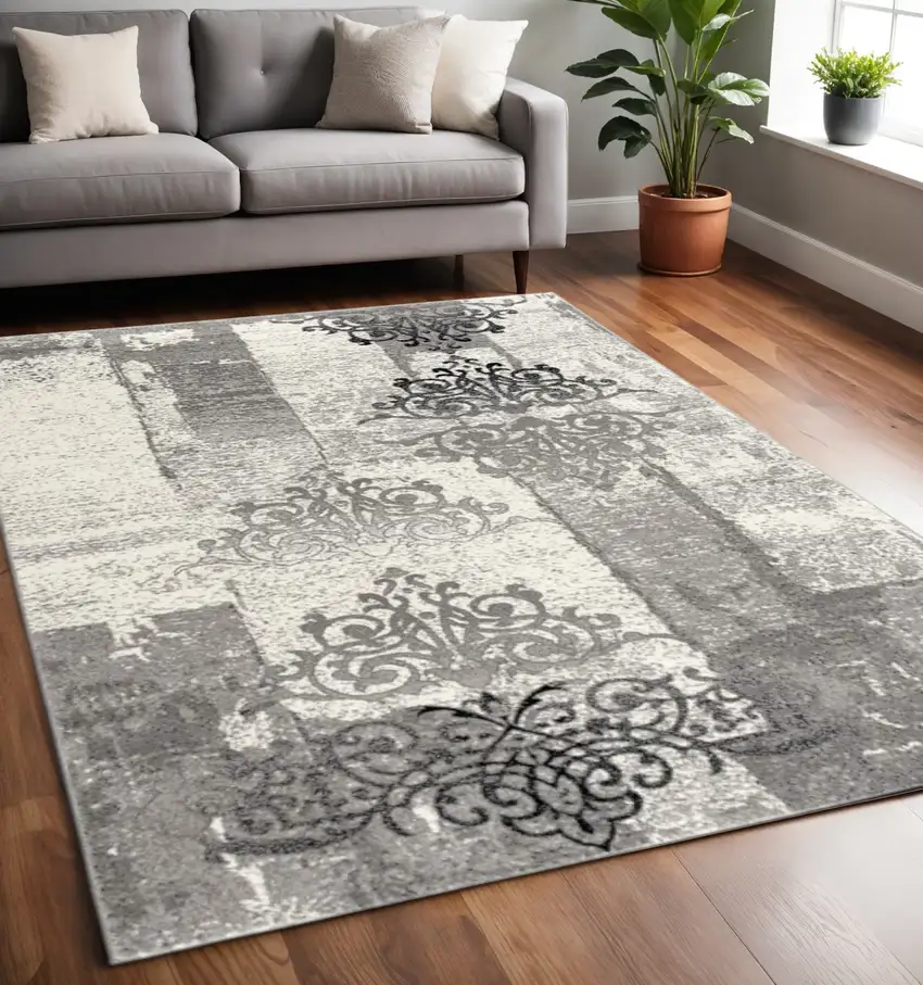 Gray Damask Dhurrie Area Rug Photo 1